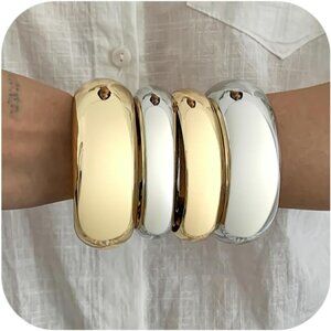 Trendy Gold+Silver Stackable Wide Bangle Bracelets for Women, Minimalist Jewelry